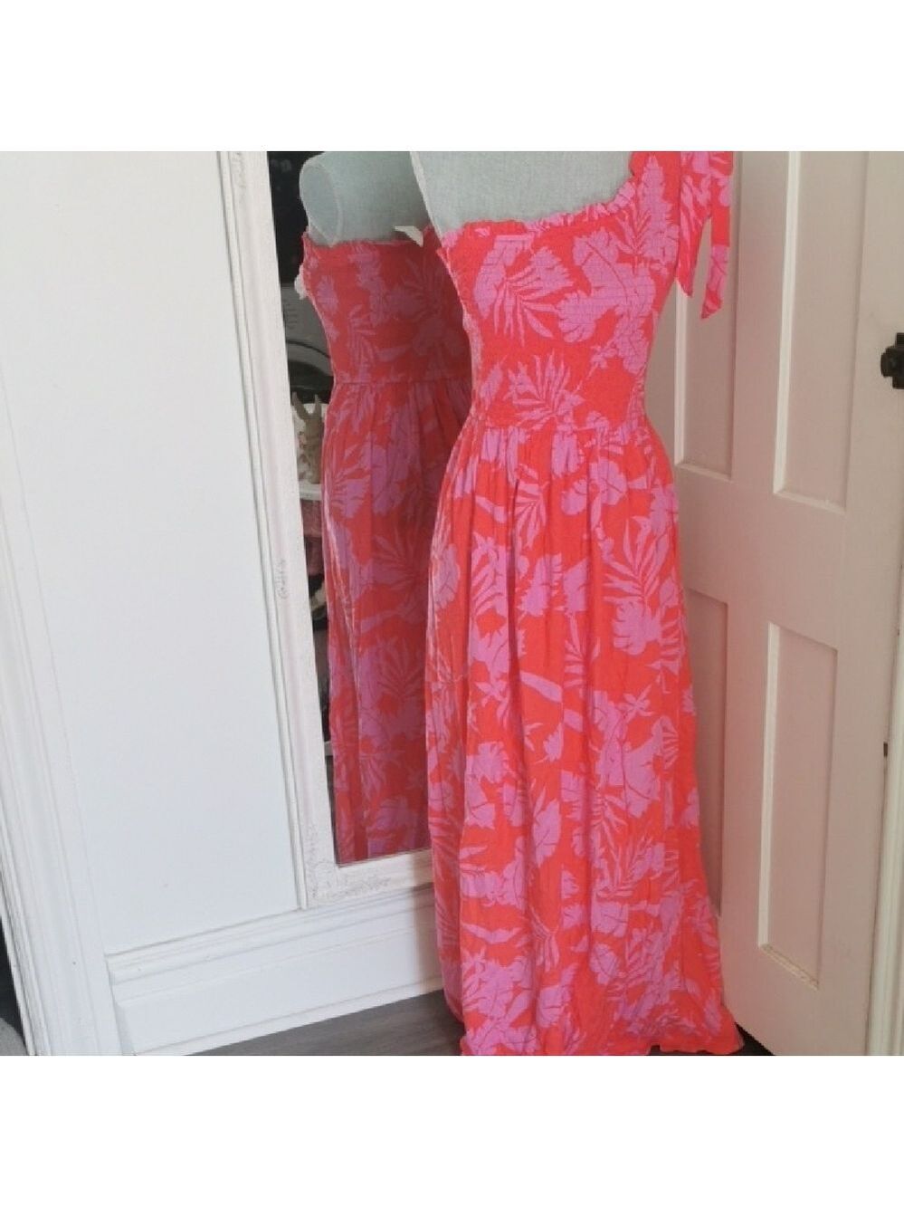 Japna Pink Floral Beach Tropical One Shoulder Dress, Smocked Top With Tie. SizeS